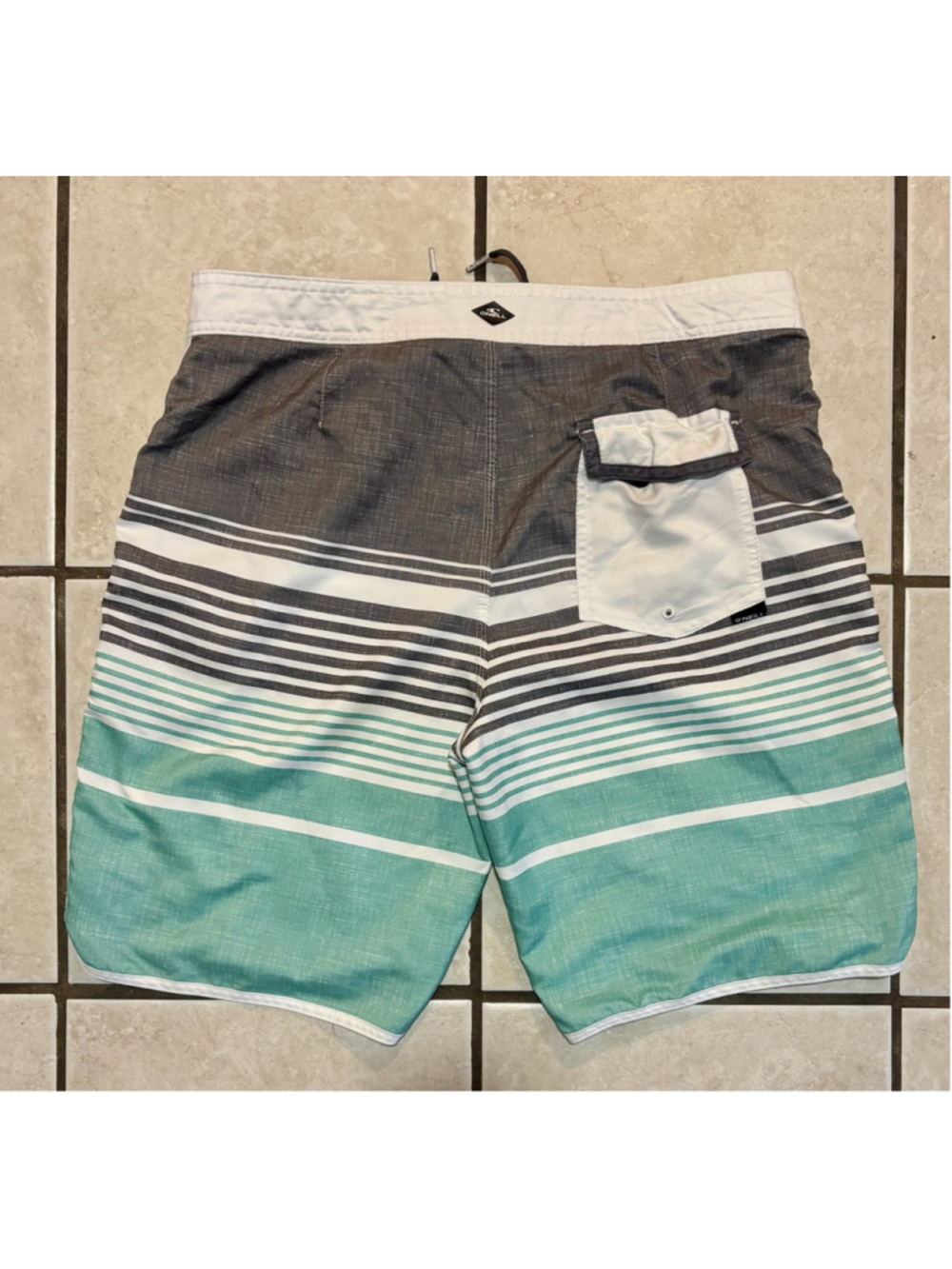 ONeill Swim Trunks Mens Size 34 Gray and Teal Stripes All Over Print Pocket - Picture 2 of 2